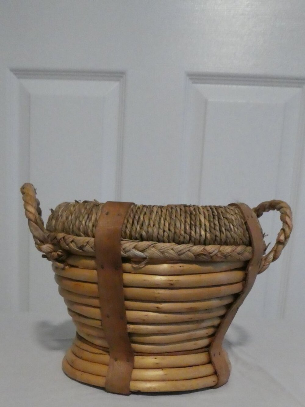 Vintage Boho Rattan and Bamboo Basket With Rope Details